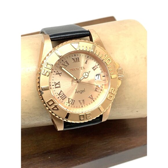 Invicta Women's Watch 14322 Angel Quartz Rose Gold Black Leather Strap 40mm - Picture 11 of 14